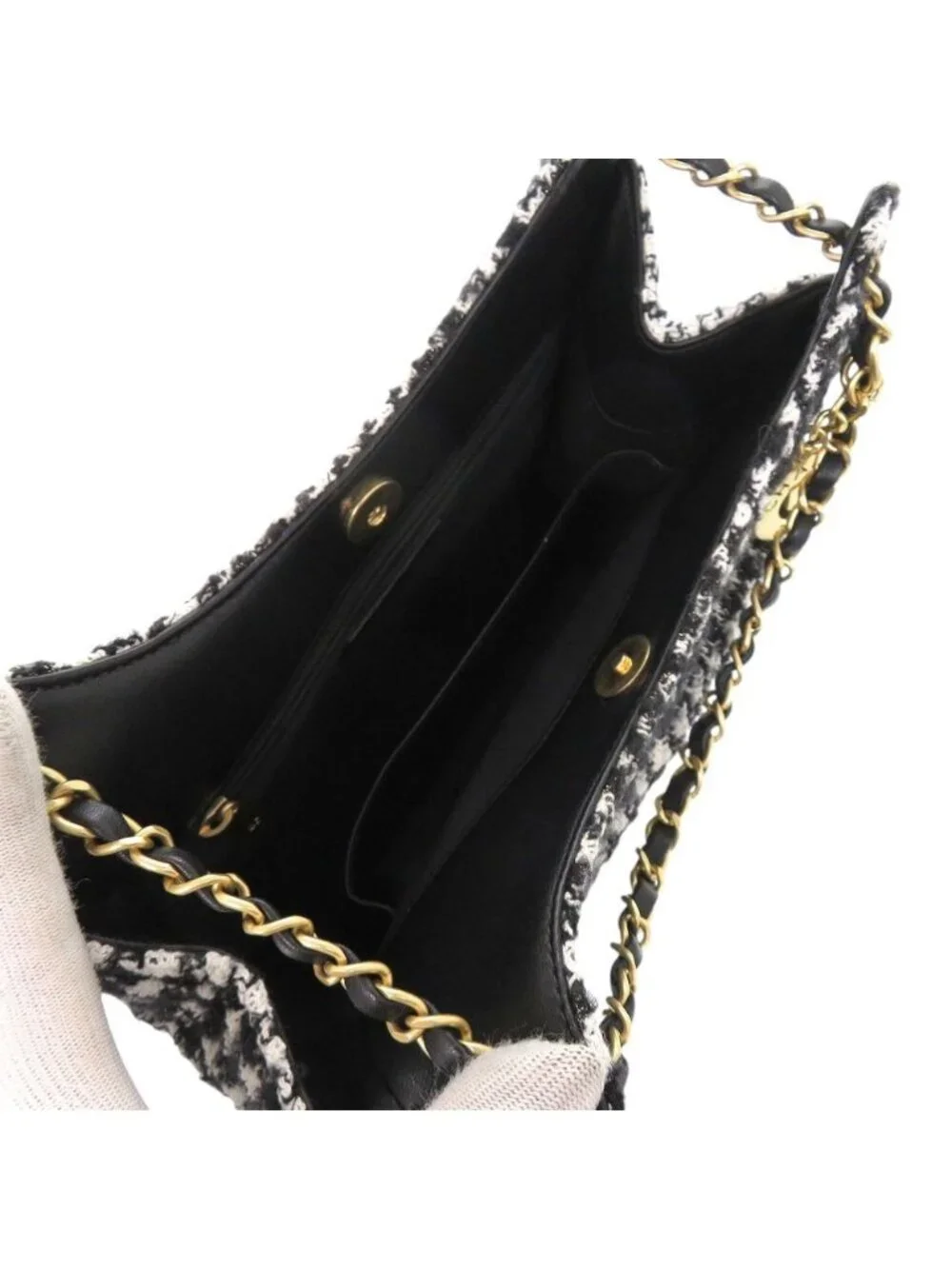 Chanel CC Logo Hobo Tweed Black Shoulder Bag Random Plate Gold White